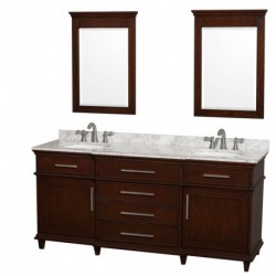 72 inch Double Bathroom Vanity in Dark Chestnut with White Carrera Marble Top with White Undermount Oval Sinks and 24 inch Mirr