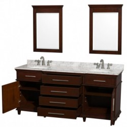 72 inch Double Bathroom Vanity in Dark Chestnut with White Carrera Marble Top with White Undermount Oval Sinks and 24 inch Mirr