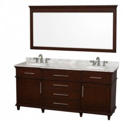 72 inch Double Bathroom Vanity in Dark Chestnut with White Carrera Marble Top with White Undermount Oval Sinks and 70 inch Mirr