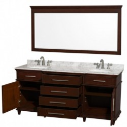 72 inch Double Bathroom Vanity in Dark Chestnut with White Carrera Marble Top with White Undermount Oval Sinks and 70 inch Mirr