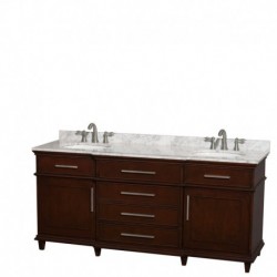 72 inch Double Bathroom Vanity in Dark Chestnut with White Carrera Marble Top with White Undermount Oval Sinks and No Mirror