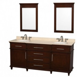 72 inch Double Bathroom Vanity in Dark Chestnut with Ivory Marble Top with White Undermount Oval Sinks and 24 inch Mirrors