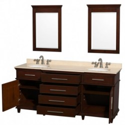 72 inch Double Bathroom Vanity in Dark Chestnut with Ivory Marble Top with White Undermount Oval Sinks and 24 inch Mirrors