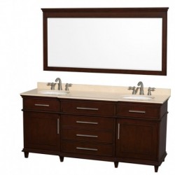 72 inch Double Bathroom Vanity in Dark Chestnut with Ivory Marble Top with White Undermount Oval Sinks and 70 inch Mirror