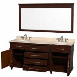 72 inch Double Bathroom Vanity in Dark Chestnut with Ivory Marble Top with White Undermount Oval Sinks and 70 inch Mirror