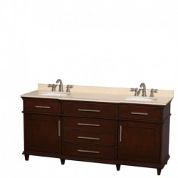 72 inch Double Bathroom Vanity in Dark Chestnut with Ivory Marble Top with White Undermount Oval Sinks and No Mirror