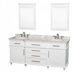 72 inch Double Bathroom Vanity in White with White Carrera Marble Top with White Undermount Oval Sinks and 24 inch Mirrors