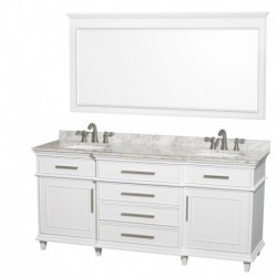 72 inch Double Bathroom Vanity in White with White Carrera Marble Top with White Undermount Oval Sinks and 70 inch Mirror