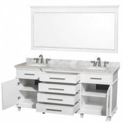 72 inch Double Bathroom Vanity in White with White Carrera Marble Top with White Undermount Oval Sinks and 70 inch Mirror