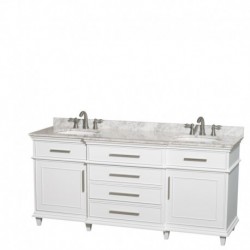 72 inch Double Bathroom Vanity in White with White Carrera Marble Top with White Undermount Oval Sinks and No Mirror