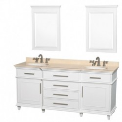 72 inch Double Bathroom Vanity in White with Ivory Marble Top with White Undermount Oval Sinks and 24 inch Mirrors