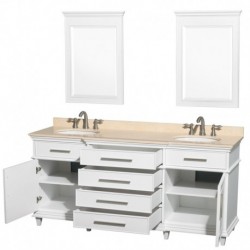 72 inch Double Bathroom Vanity in White with Ivory Marble Top with White Undermount Oval Sinks and 24 inch Mirrors