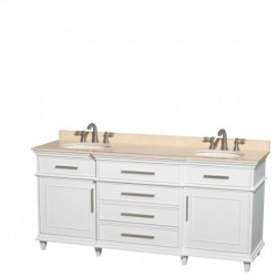 72 inch Double Bathroom Vanity in White with Ivory Marble Top with White Undermount Oval Sinks and No Mirror