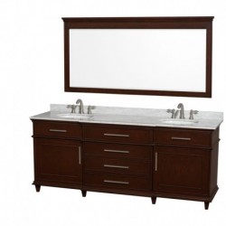 80 inch Double Bathroom Vanity in Dark Chestnut with White Carrera Marble Top with White Undermount Oval Sinks and 70 inch Mirr