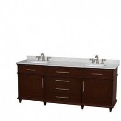 80 inch Double Bathroom Vanity in Dark Chestnut with White Carrera Marble Top with White Undermount Oval Sinks and No Mirror