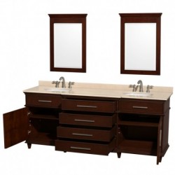 80 inch Double Bathroom Vanity in Dark Chestnut with Ivory Marble Top with White Undermount Oval Sinks and 24 inch Mirrors
