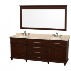 80 inch Double Bathroom Vanity in Dark Chestnut with Ivory Marble Top with White Undermount Oval Sinks and 70 inch Mirror