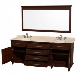 80 inch Double Bathroom Vanity in Dark Chestnut with Ivory Marble Top with White Undermount Oval Sinks and 70 inch Mirror