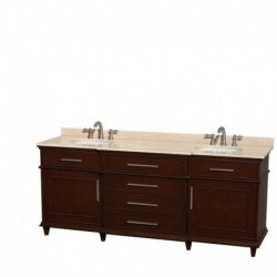 80 inch Double Bathroom Vanity in Dark Chestnut with Ivory Marble Top with White Undermount Oval Sinks and No Mirror
