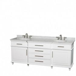 80 inch Double Bathroom Vanity in White with White Carrera Marble Top with White Undermount Oval Sinks and 24 inch Mirrors