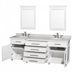 80 inch Double Bathroom Vanity in White with White Carrera Marble Top with White Undermount Oval Sinks and 24 inch Mirrors