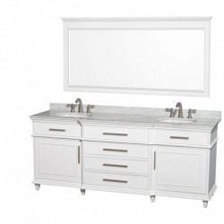 80 inch Double Bathroom Vanity in White with White Carrera Marble Top with White Undermount Oval Sinks and 70 inch Mirror