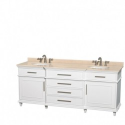 80 inch Double Bathroom Vanity in White with Ivory Marble Top with White Undermount Oval Sinks and No Mirror