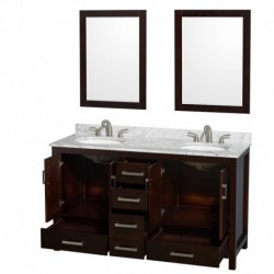 60 inch Double Bathroom Vanity in Espresso, No Countertop, No Sinks, and 24 inch Mirrors