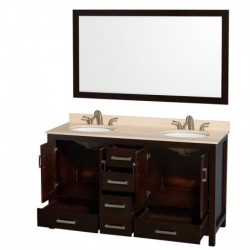 60 inch Double Bathroom Vanity in Espresso, No Countertop, No Sinks, and 58 inch Mirror