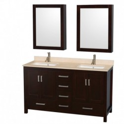 60 inch Double Bathroom Vanity in Espresso, No Countertop, No Sinks, and 58 inch Mirror
