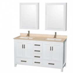 60 inch Double Bathroom Vanity in White, No Countertop, No Sinks, and 58 inch Mirror
