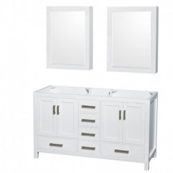 60 inch Double Bathroom Vanity in White, No Countertop, No Sinks, and Medicine Cabinets