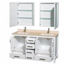 60 inch Double Bathroom Vanity in White, No Countertop, No Sinks, and Medicine Cabinets