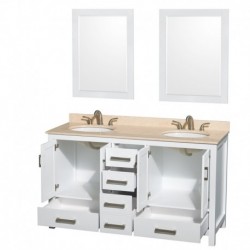 60 inch Double Bathroom Vanity in White, No Countertop, No Sinks, and No Mirror