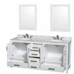 72 inch Double Bathroom Vanity in White, No Countertop, No Sinks, and 24 inch Mirrors