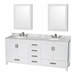 80 inch Double Bathroom Vanity in White, No Countertop, No Sinks, and 70 inch Mirror