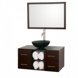 36 inch Single Bathroom Vanity in Espresso, Smoke Glass Countertop, Smoke Glass Sink, and 36 inch Mirror