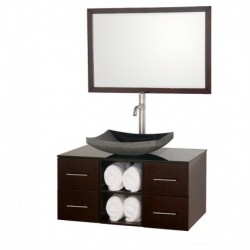 36 inch Single Bathroom Vanity in Espresso, Smoke Glass Countertop, Altair Black Granite Sink, and 36 inch Mirror