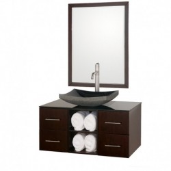 36 inch Single Bathroom Vanity in Espresso, Smoke Glass Countertop, Altair Black Granite Sink, and 36 inch Mirror