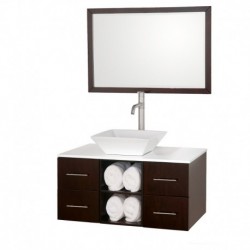 36 inch Single Bathroom Vanity in Espresso, White Man-Made Stone Countertop, Pyra White Porcelain Sink, and 36 inch Mirror