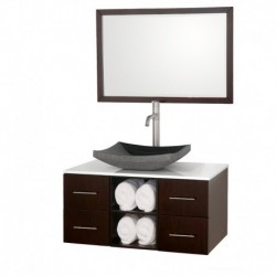 36 inch Single Bathroom Vanity in Espresso, White Man-Made Stone Countertop, Altair Black Granite Sink, and 36 inch Mirror
