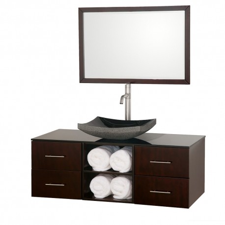 48 inch Single Bathroom Vanity in Espresso, Smoke Glass Countertop, Altair Black Granite Sink, and 36 inch Mirror