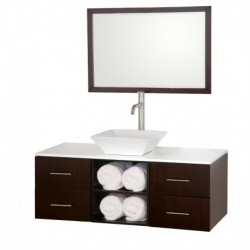 48 inch Single Bathroom Vanity in Espresso, White Man-Made Stone Countertop, Pyra White Porcelain Sink, and 36 inch Mirror