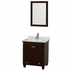 30 inch Single Bathroom Vanity in Espresso, White Carrera Marble Countertop, Undermount Square Sink, and 24 inch Mirror
