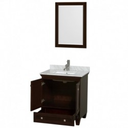 30 inch Single Bathroom Vanity in Espresso, White Carrera Marble Countertop, Undermount Square Sink, and 24 inch Mirror