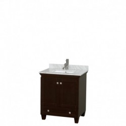 30 inch Single Bathroom Vanity in Espresso, White Carrera Marble Countertop, Undermount Square Sink, and No Mirror