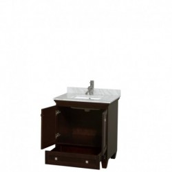 30 inch Single Bathroom Vanity in Espresso, White Carrera Marble Countertop, Undermount Square Sink, and No Mirror
