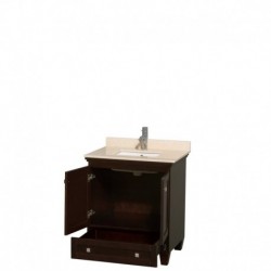 30 inch Single Bathroom Vanity in Espresso, Ivory Marble Countertop, Undermount Square Sink, and No Mirror