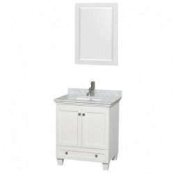 30 inch Single Bathroom Vanity in White, White Carrera Marble Countertop, Undermount Square Sink, and 24 inch Mirror