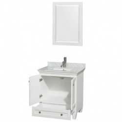 30 inch Single Bathroom Vanity in White, White Carrera Marble Countertop, Undermount Square Sink, and 24 inch Mirror